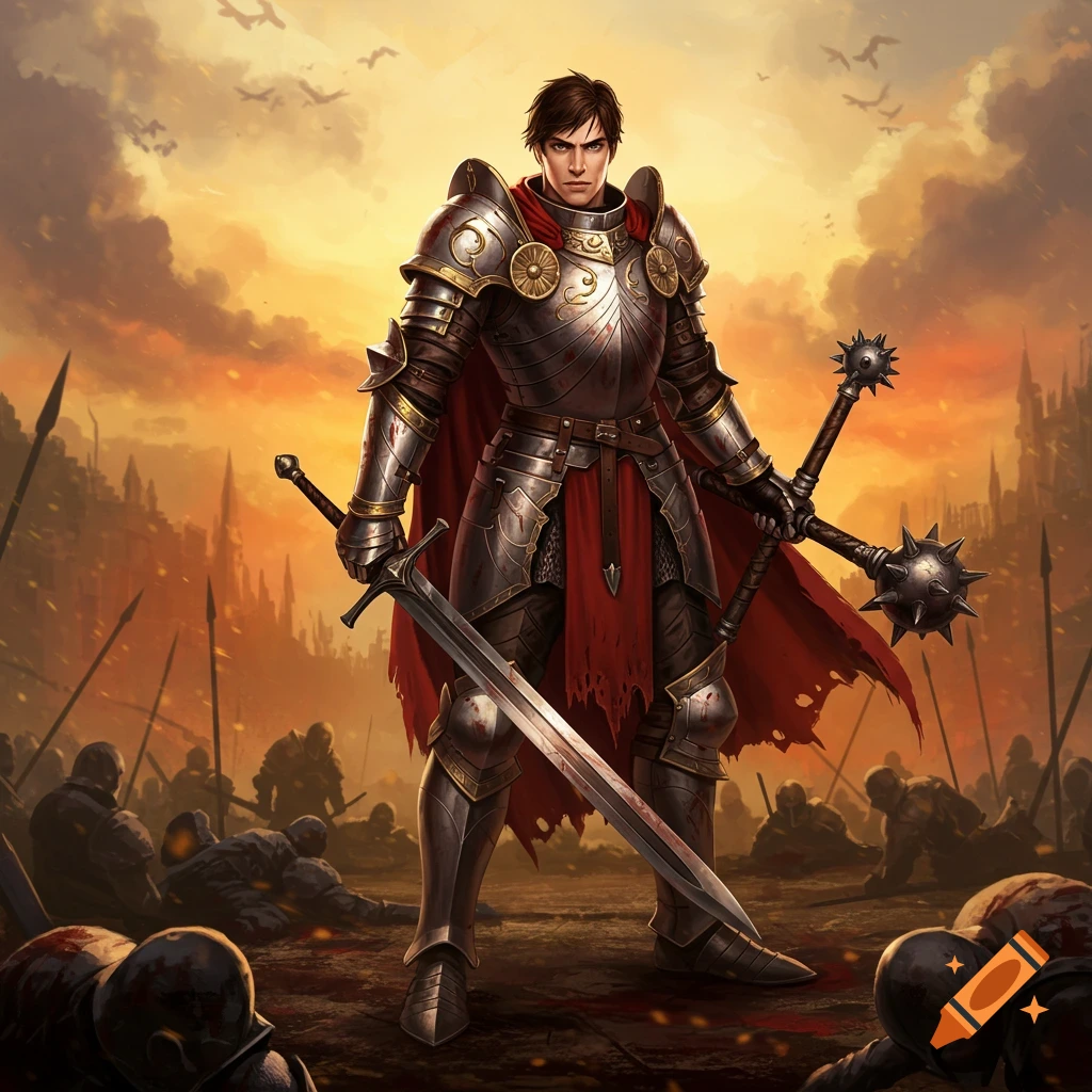 A knight stands on a battleground, dual-wielding a sword and mace, surrounded by fallen soldiers in a digital painting.