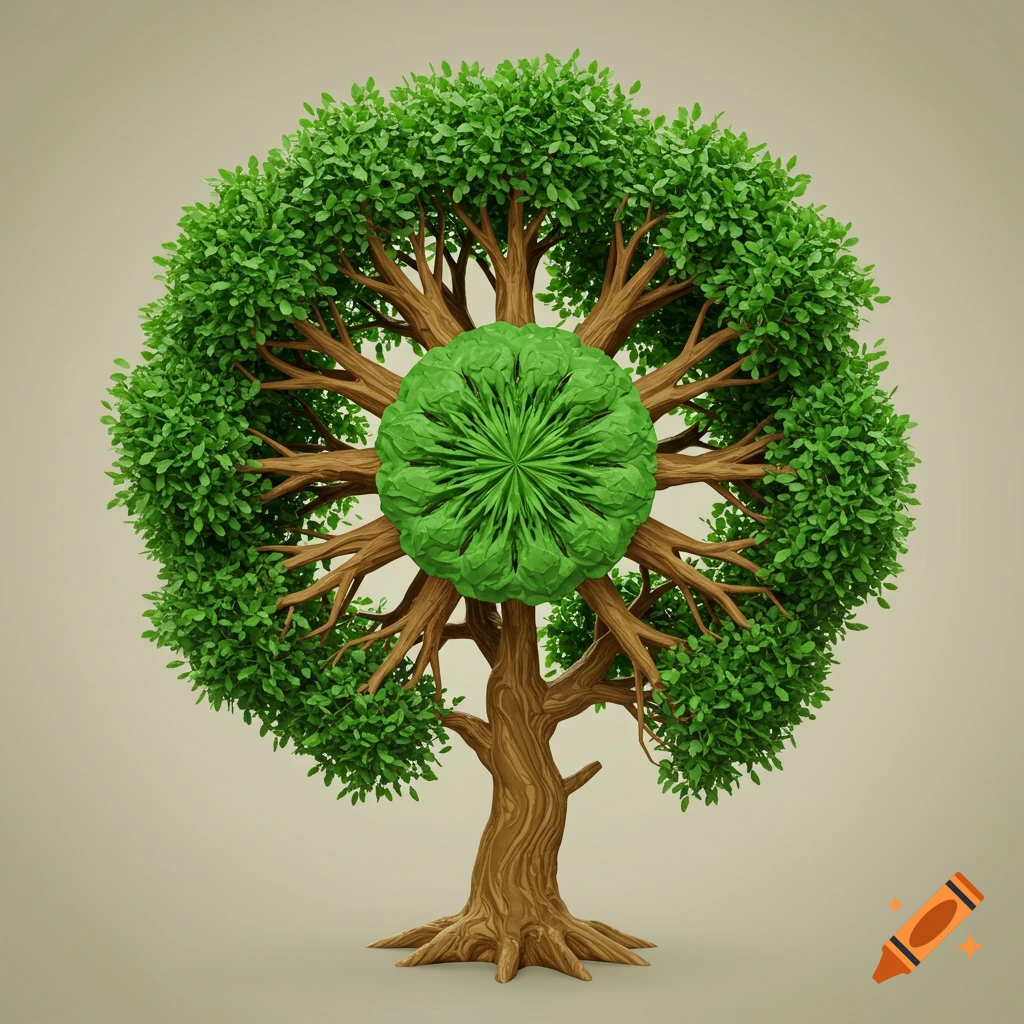 A stylized 3D illustration of a tree with a circular, spirograph-like shape in the center of its green canopy.