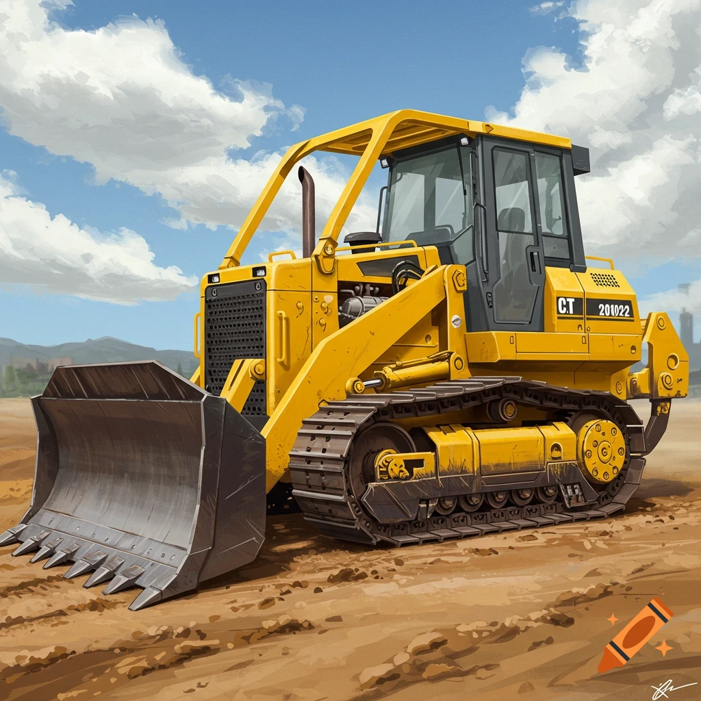 A yellow bulldozer sits on dirt under a cloudy sky, illustrated style.
