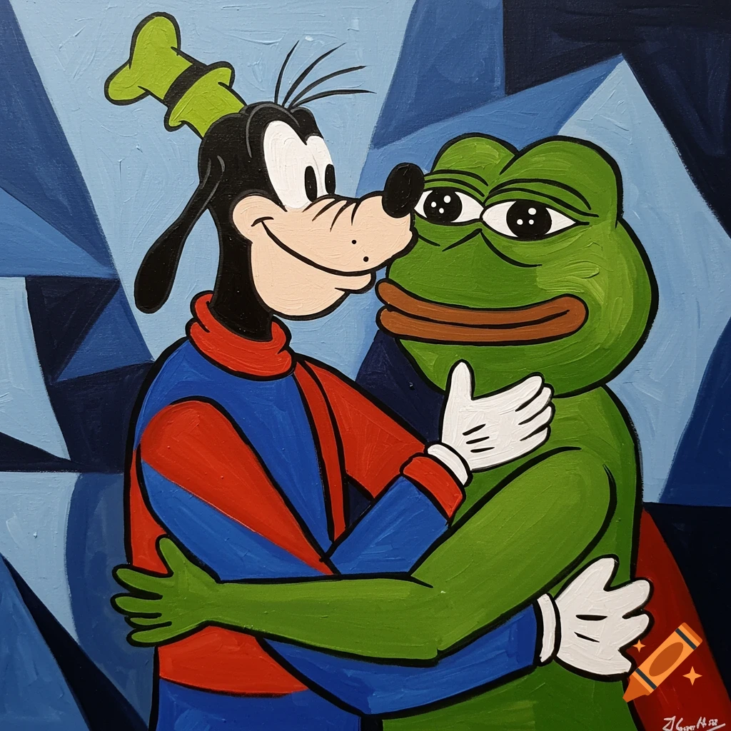 Goofy and Pepe the Frog hugging in a painting style with geometric background
