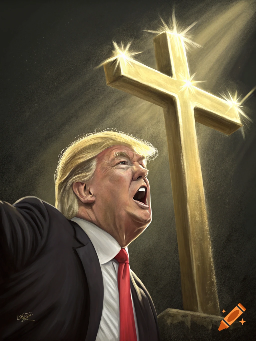 Illustration of Donald Trump shouting, standing next to a golden cross illuminated by light.
