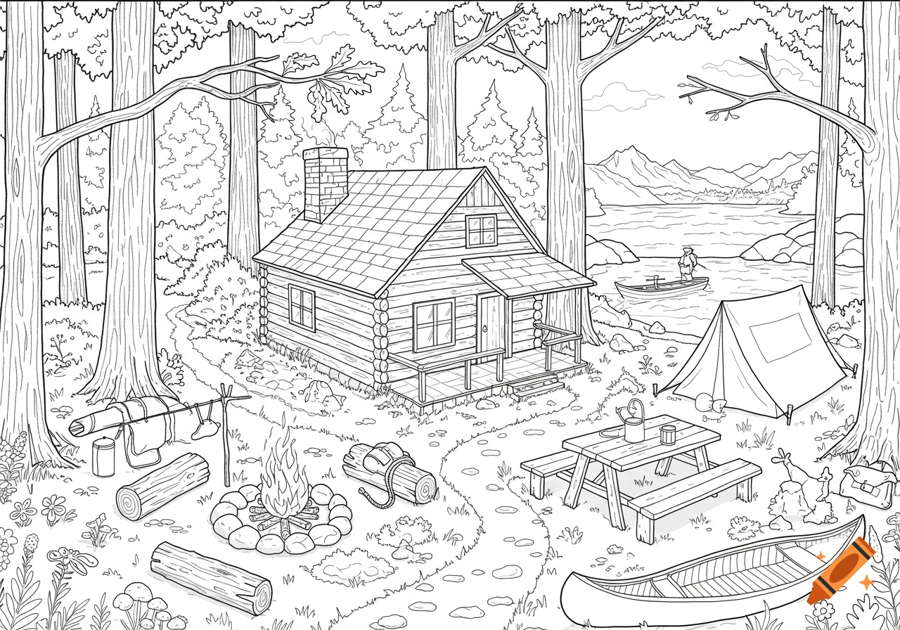 Black and white line drawing of a campsite with a cabin, tent, campfire, and lake.