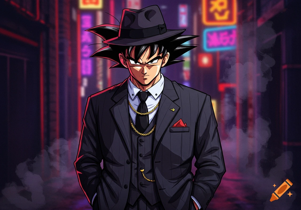 Goku in a dark suit and fedora stands in a neon-lit city street at night, anime style.