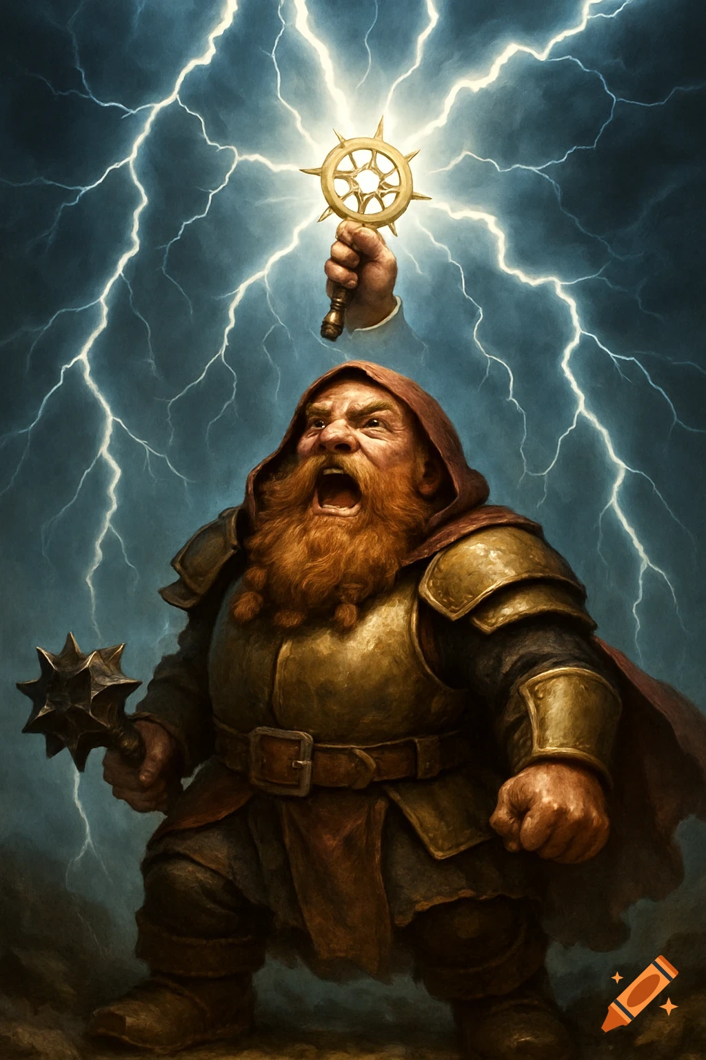 Angry dwarf cleric holding a mace and holy symbol in a lightning storm.