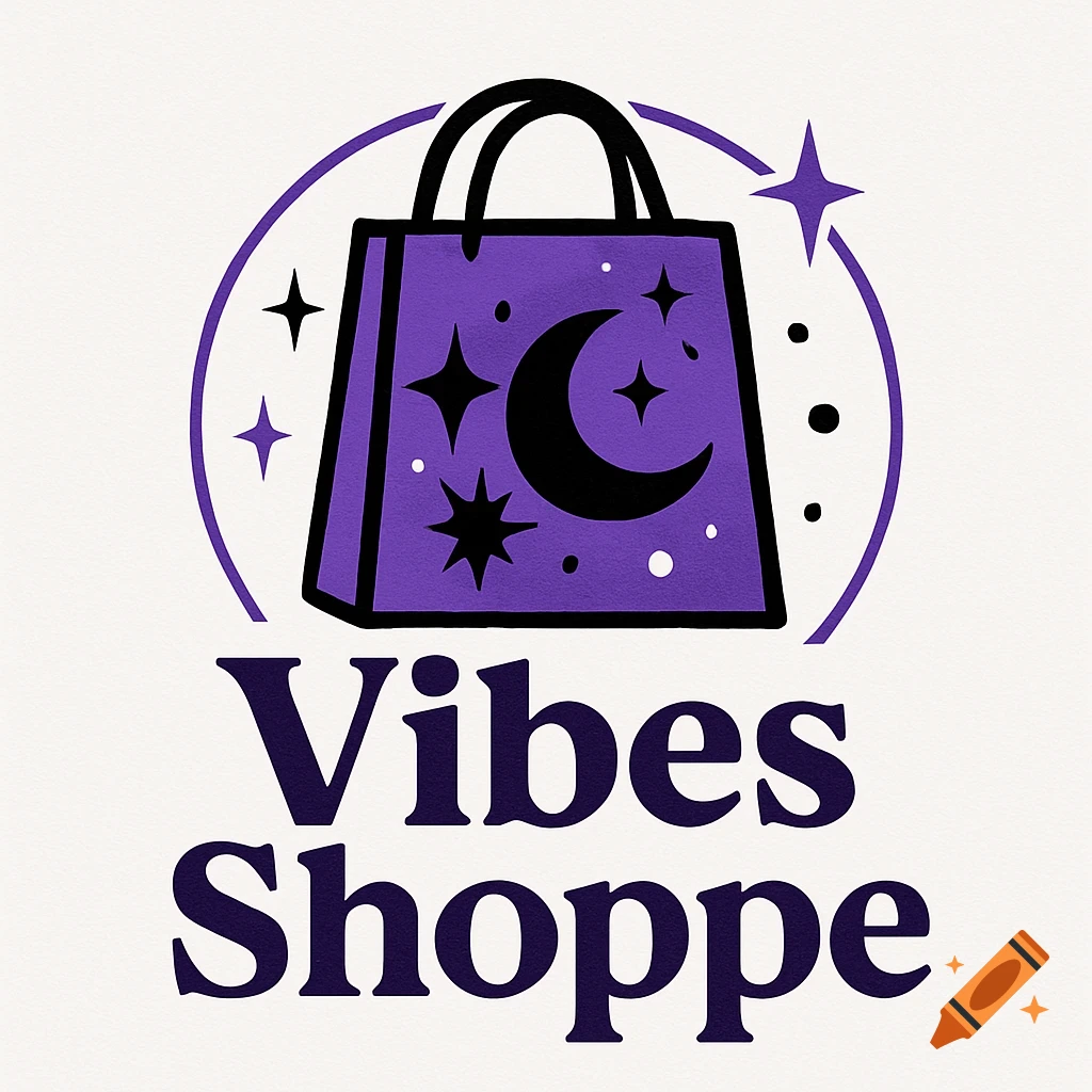 Logo for Vibes Shoppe featuring a purple shopping bag with a black moon and stars inside a circle, with the text Vibes Shoppe below.