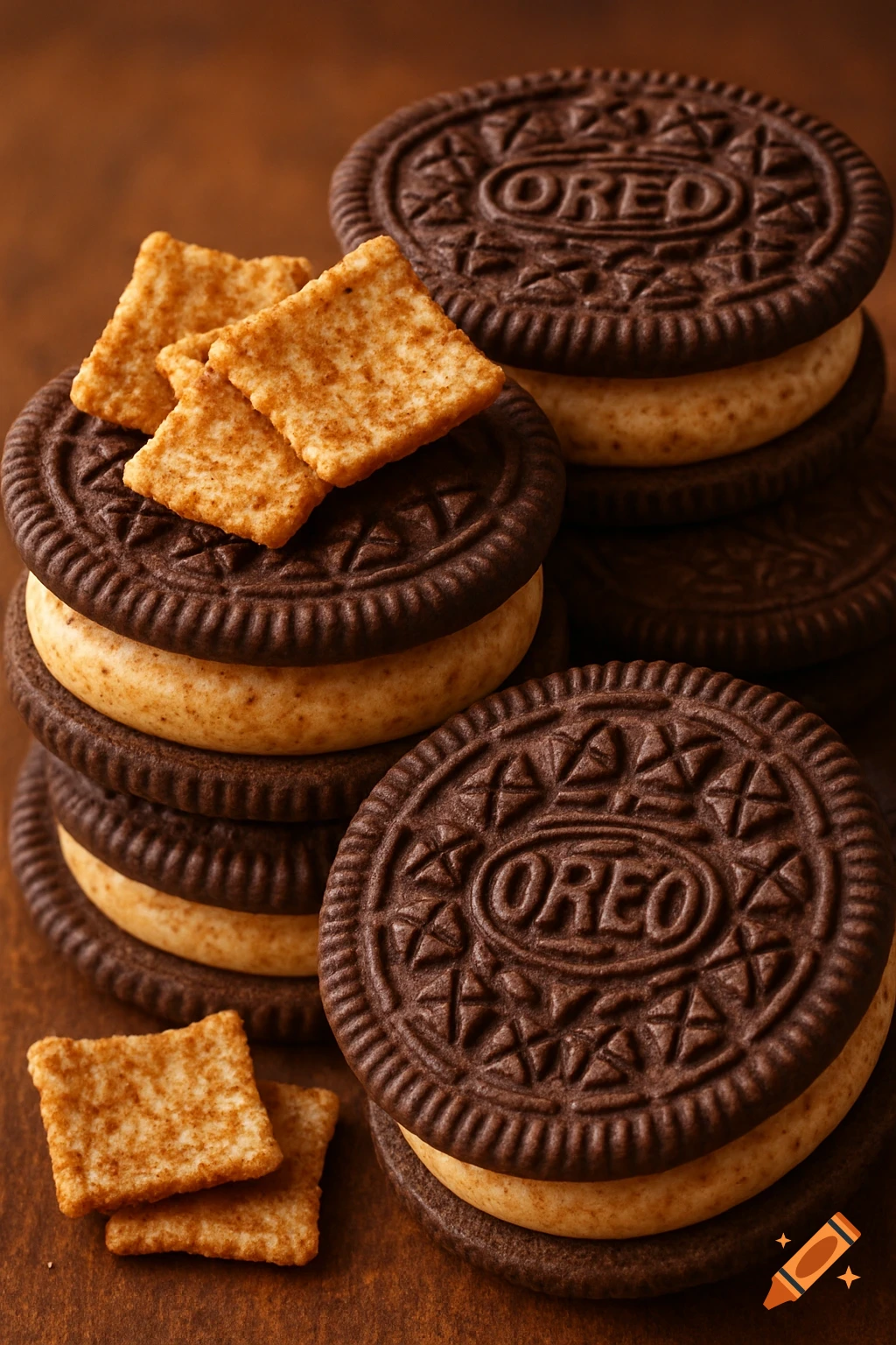 Close-up food photography of stacked chocolate cream cookies topped with square crackers.