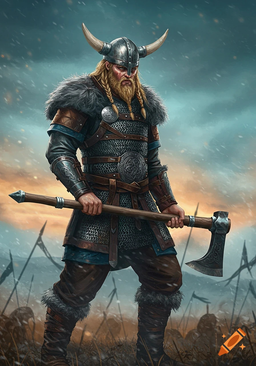 A Viking warrior in armor holds an axe on a snowy battlefield.
