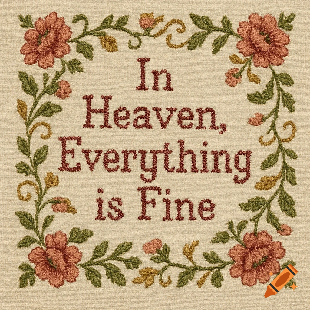 Vintage embroidery design with text 'In Heaven, Everything is Fine' surrounded by a border of stylized flowers and leaves.