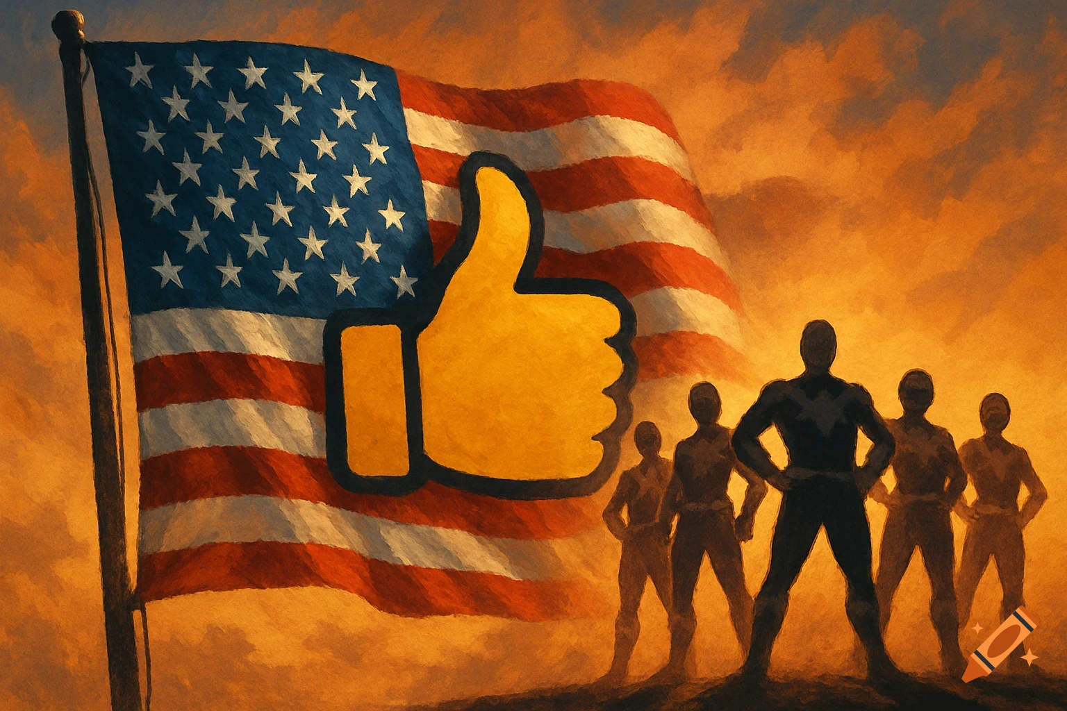 Painterly image of an American flag with a large yellow thumbs up symbol and silhouettes of superheroes against a sunset sky.