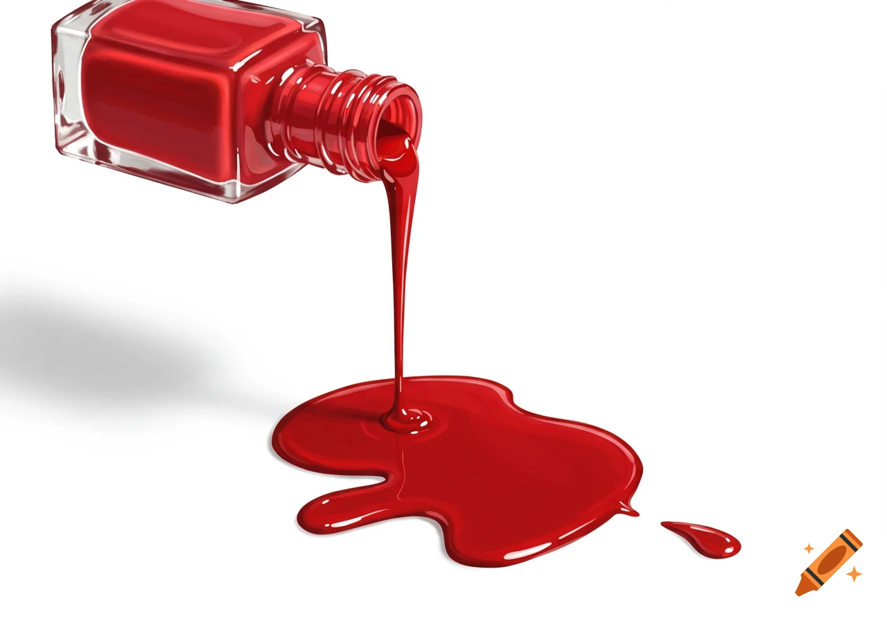 Illustration of a bottle of red nail polish spilling onto a white surface, forming a glossy puddle.