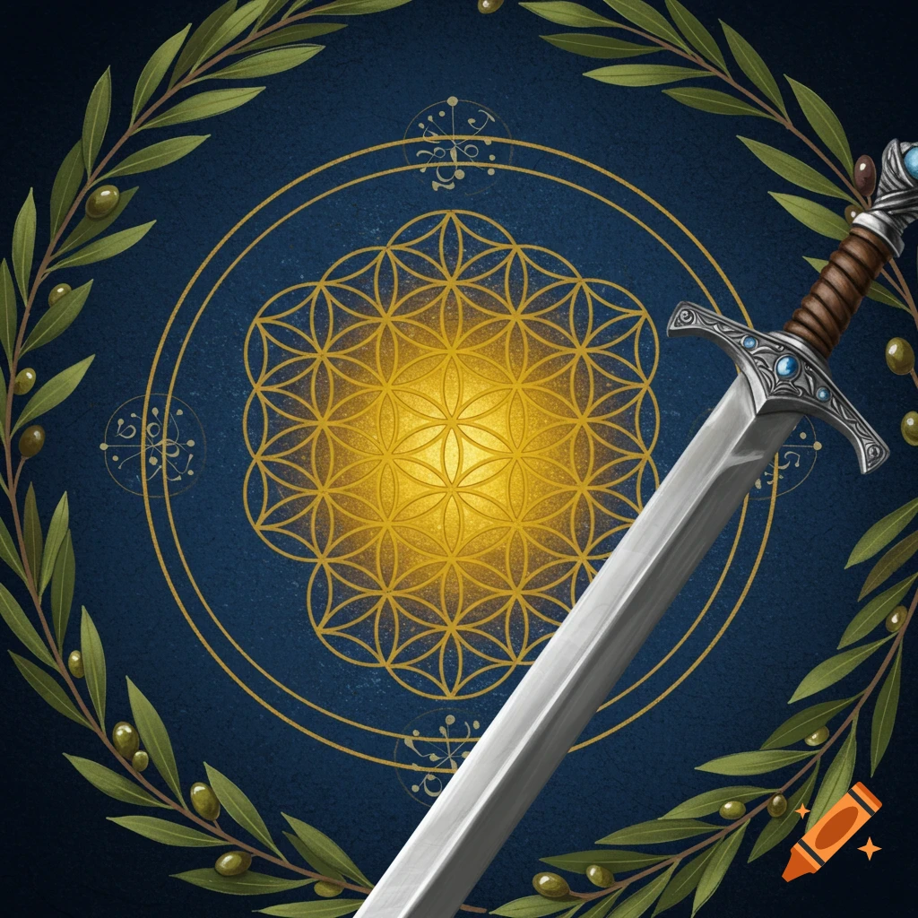 A sword rests over a golden Flower of Life symbol, framed by green olive leaves.