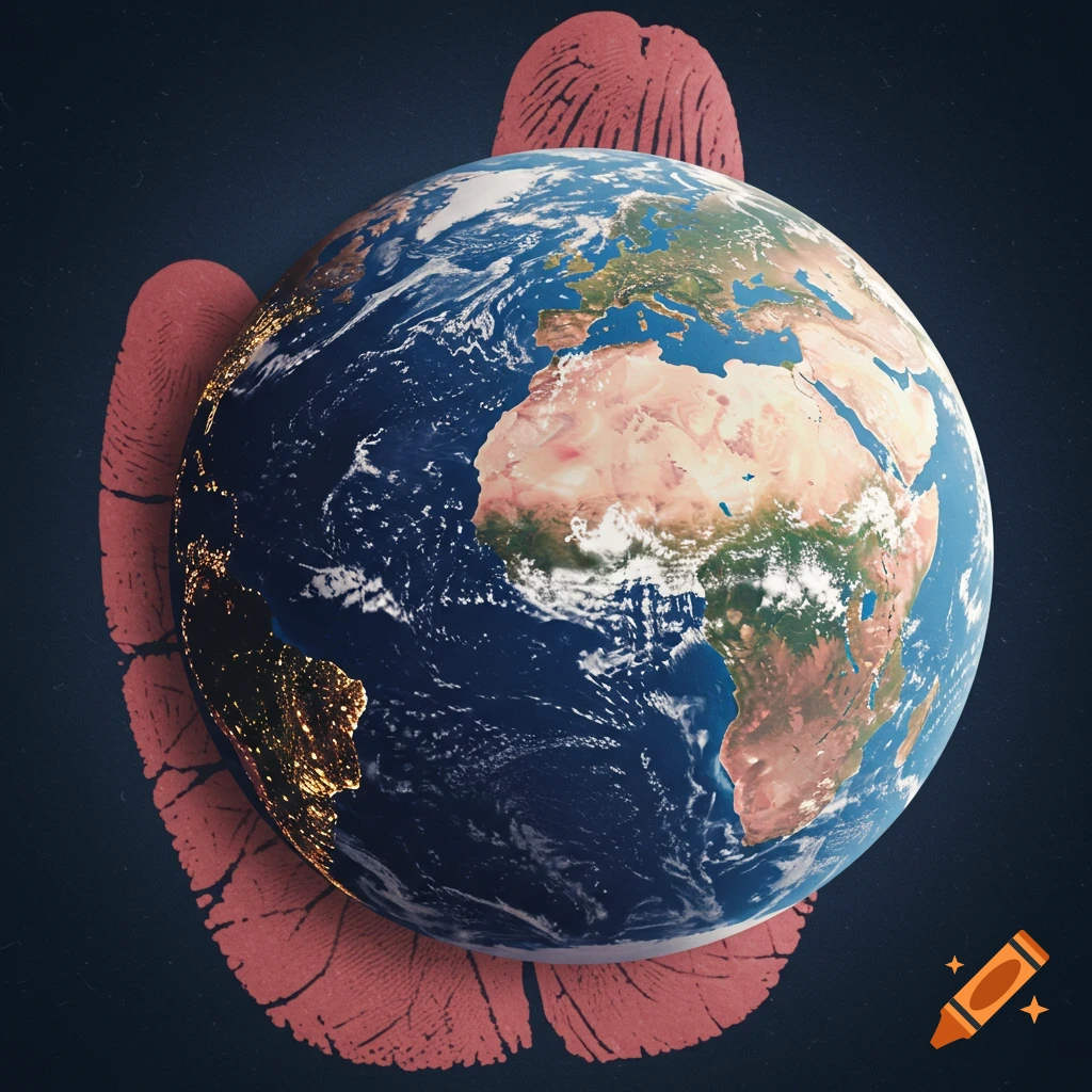 A globe of the Earth held by a stylized fingerprint.