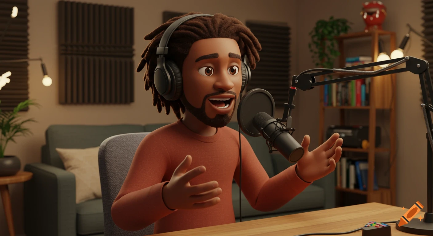 A 3D animated man with dreadlocks and headphones speaks into a studio microphone while recording a podcast.