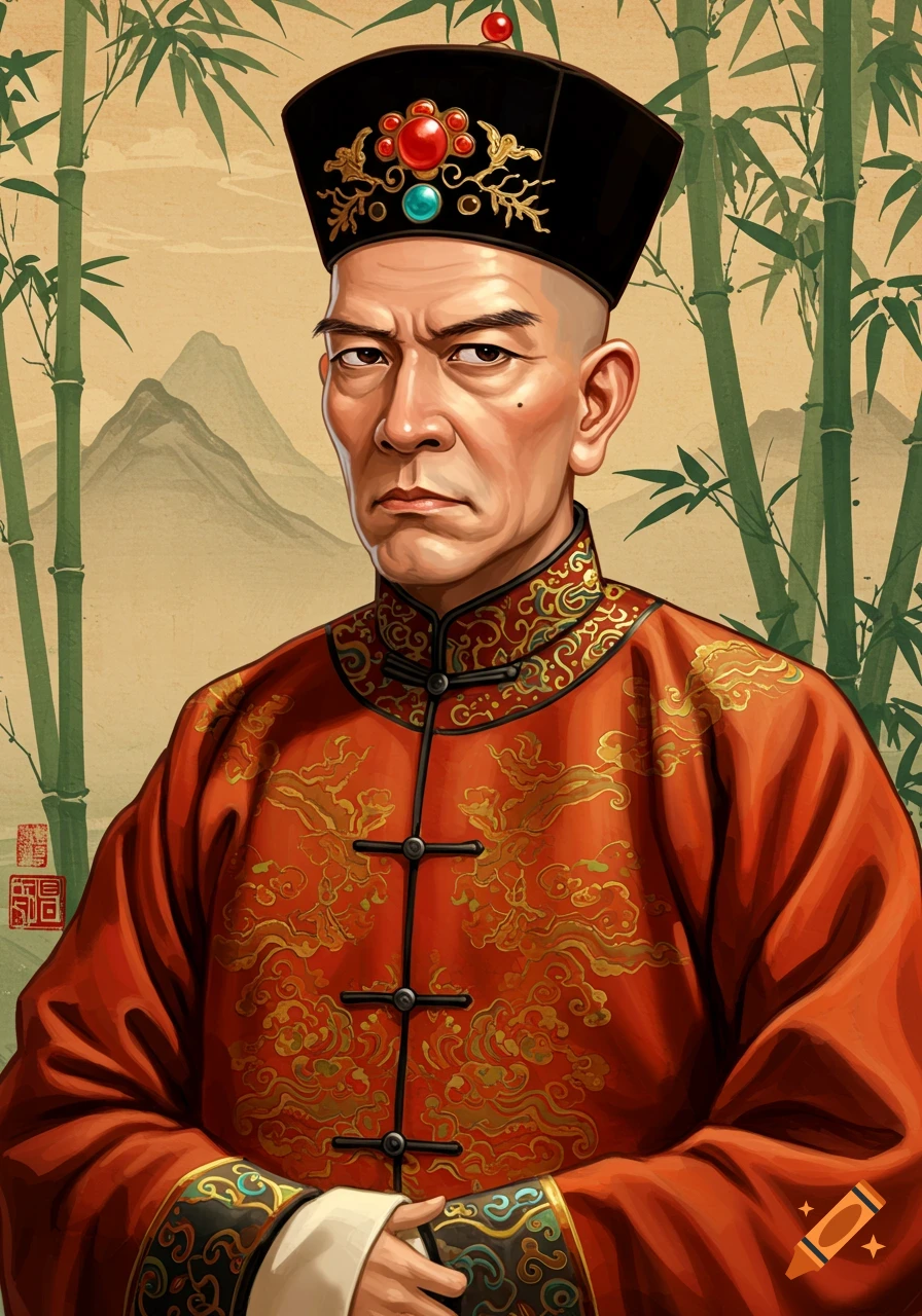 Portrait of a man in traditional Chinese clothing and hat against a bamboo and mountain backdrop in traditional art style.