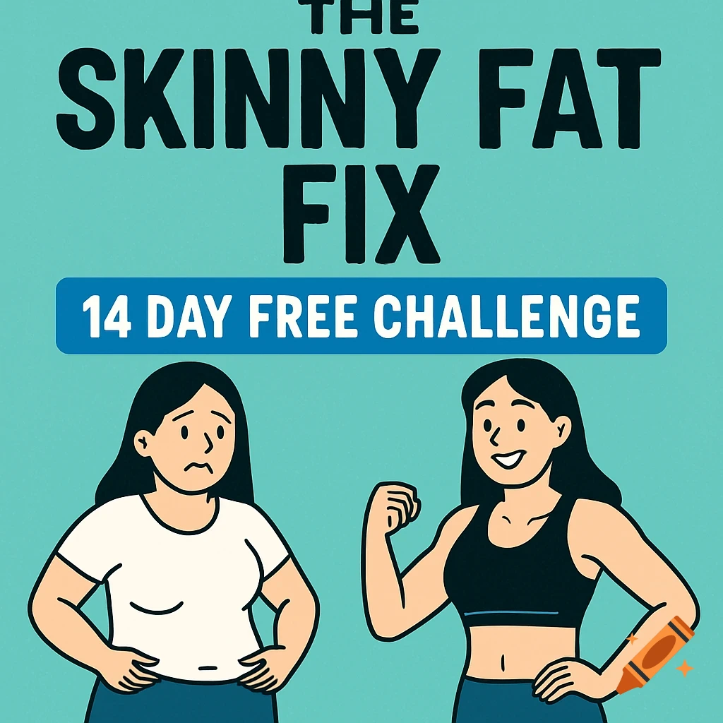 Cartoon ad shows a sad woman with a belly next to a happy, fit woman, promoting 'The Skinny Fat Fix 14 Day Free Challenge'.