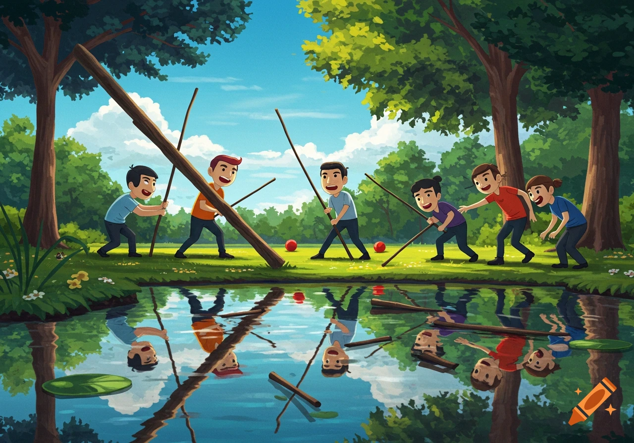 Cartoon illustration of several kids playing an outdoor stick game by a lake.