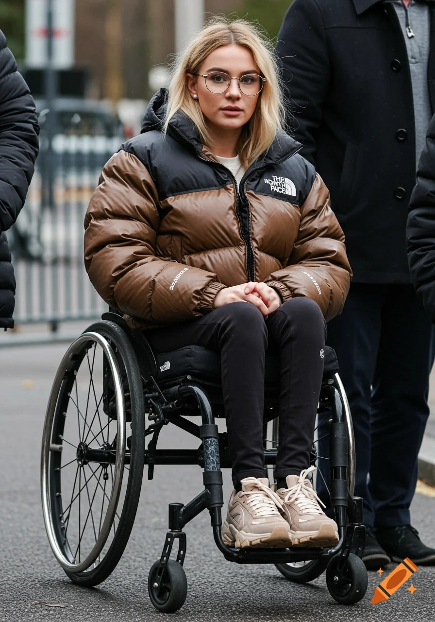 Photorealistic portrait of a woman with glasses in a wheelchair wearing a brown and black puffer jacket.