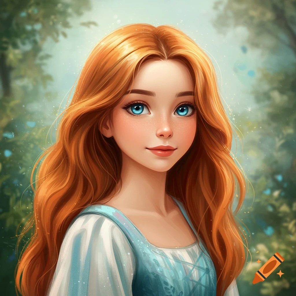 Portrait of a girl with long red hair and blue eyes in a fantasy forest ...