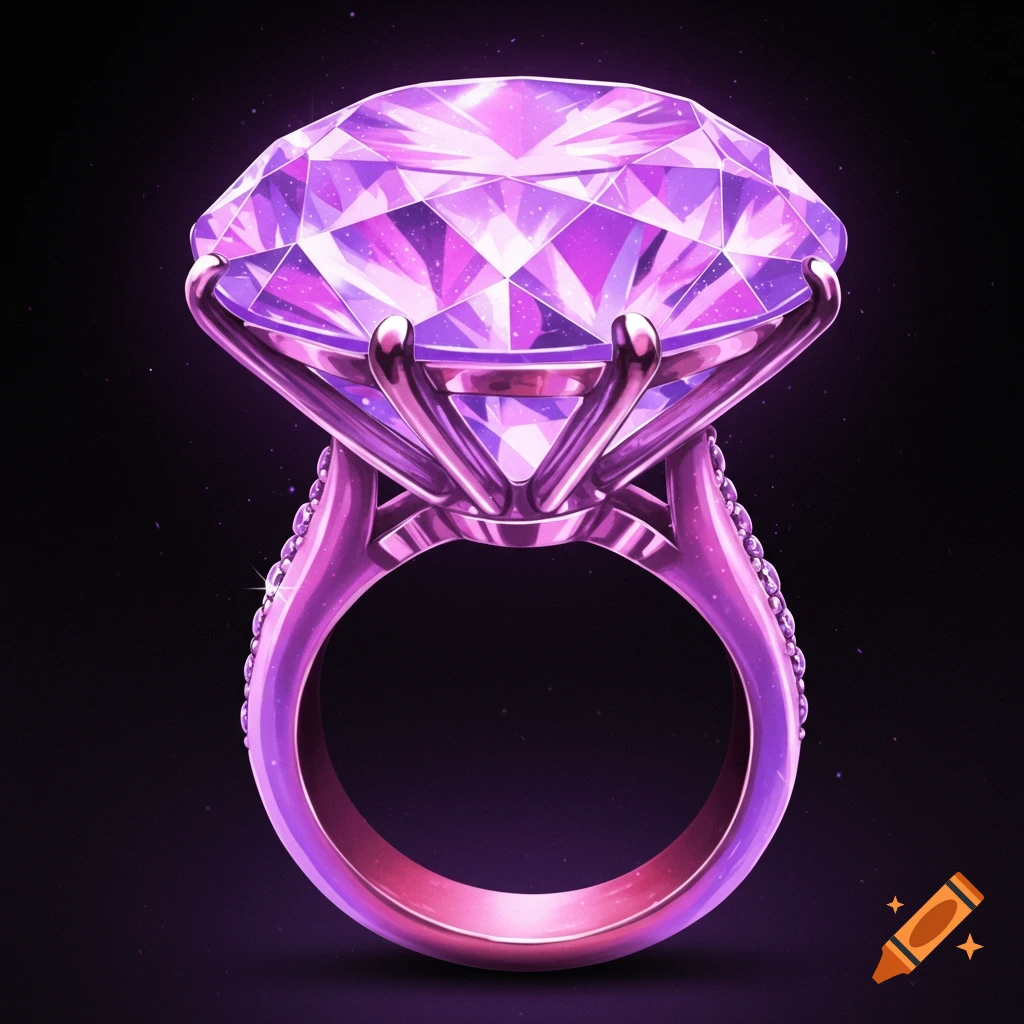 A glowing illustration of a large purple diamond ring.