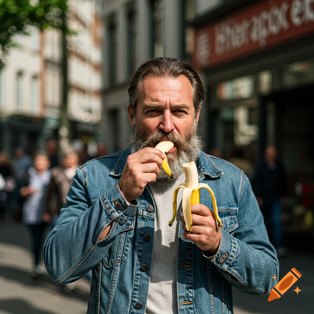 Bearded man eats a banana on a sunny city street.