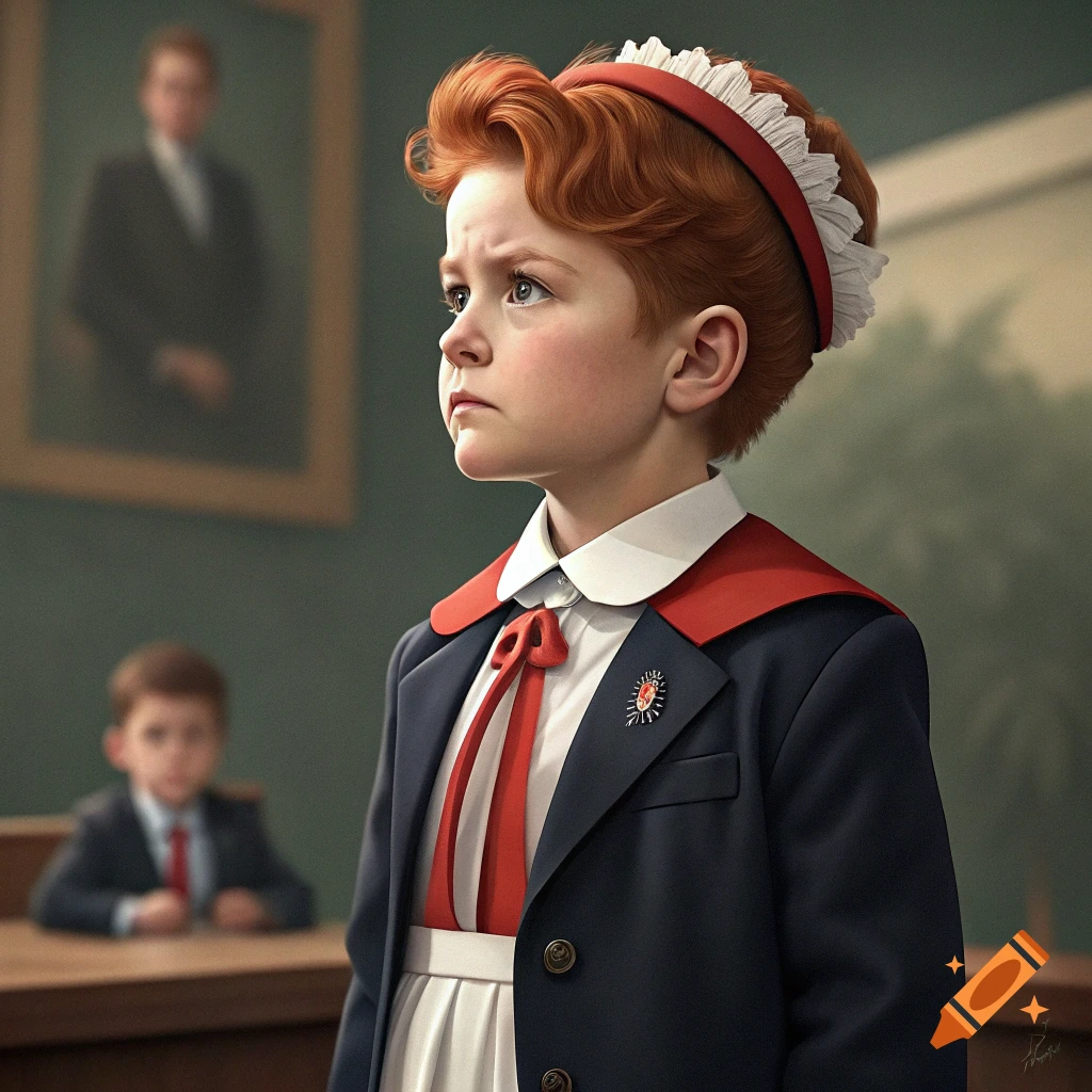 Portrait of a serious red-haired child in a dark suit, red collar, and white shirt.