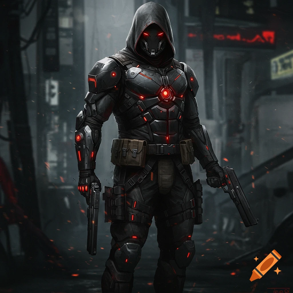 A hooded figure in black and red armored suit holds two handguns in a ...