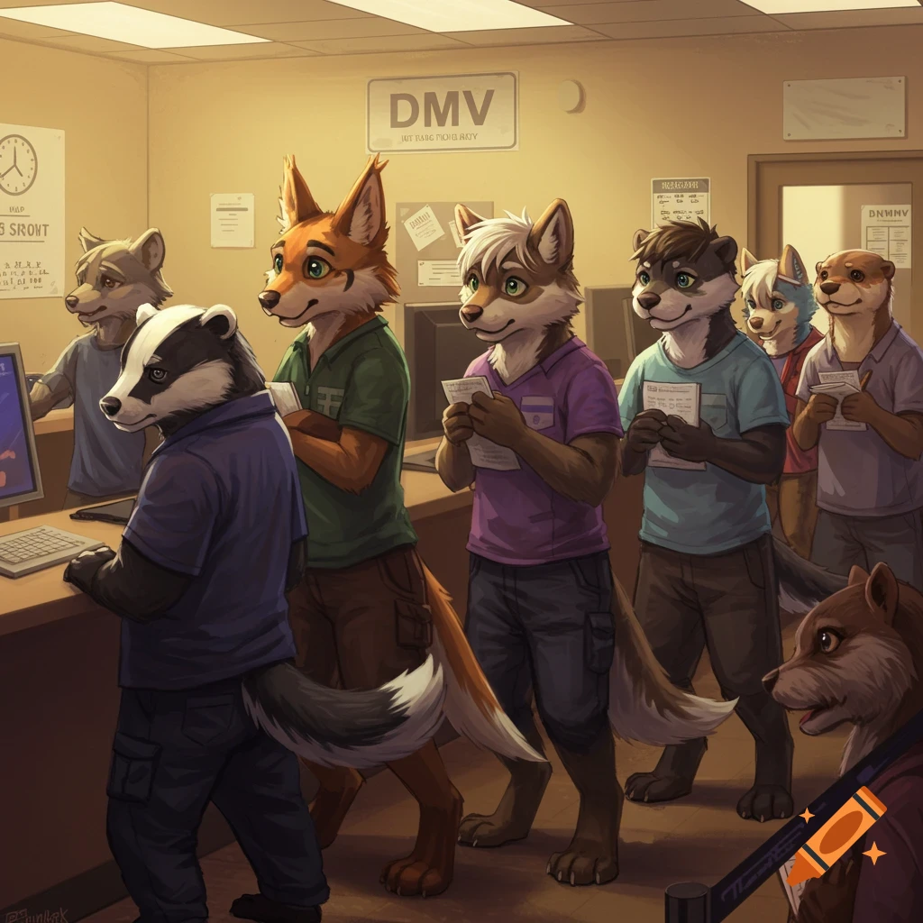 Furry badger, fox, and other animal characters wait in line at the DMV.