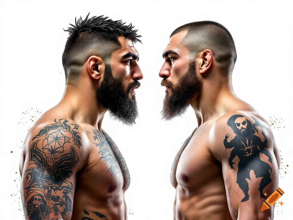 Two muscular men with tattoos stand facing each other in a faceoff pose.