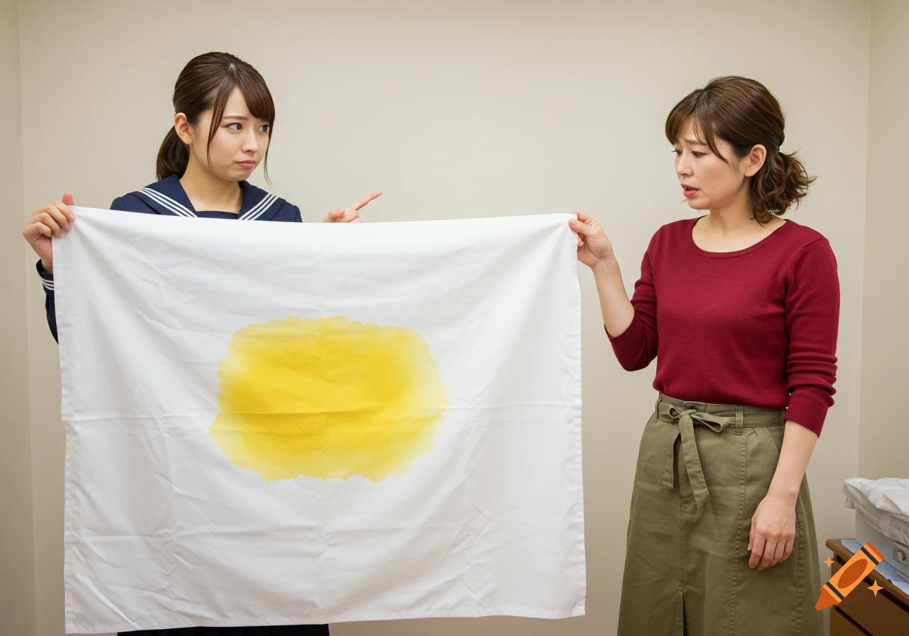 Two women look at a sheet with a large yellow stain. One points angrily, the other looks down.