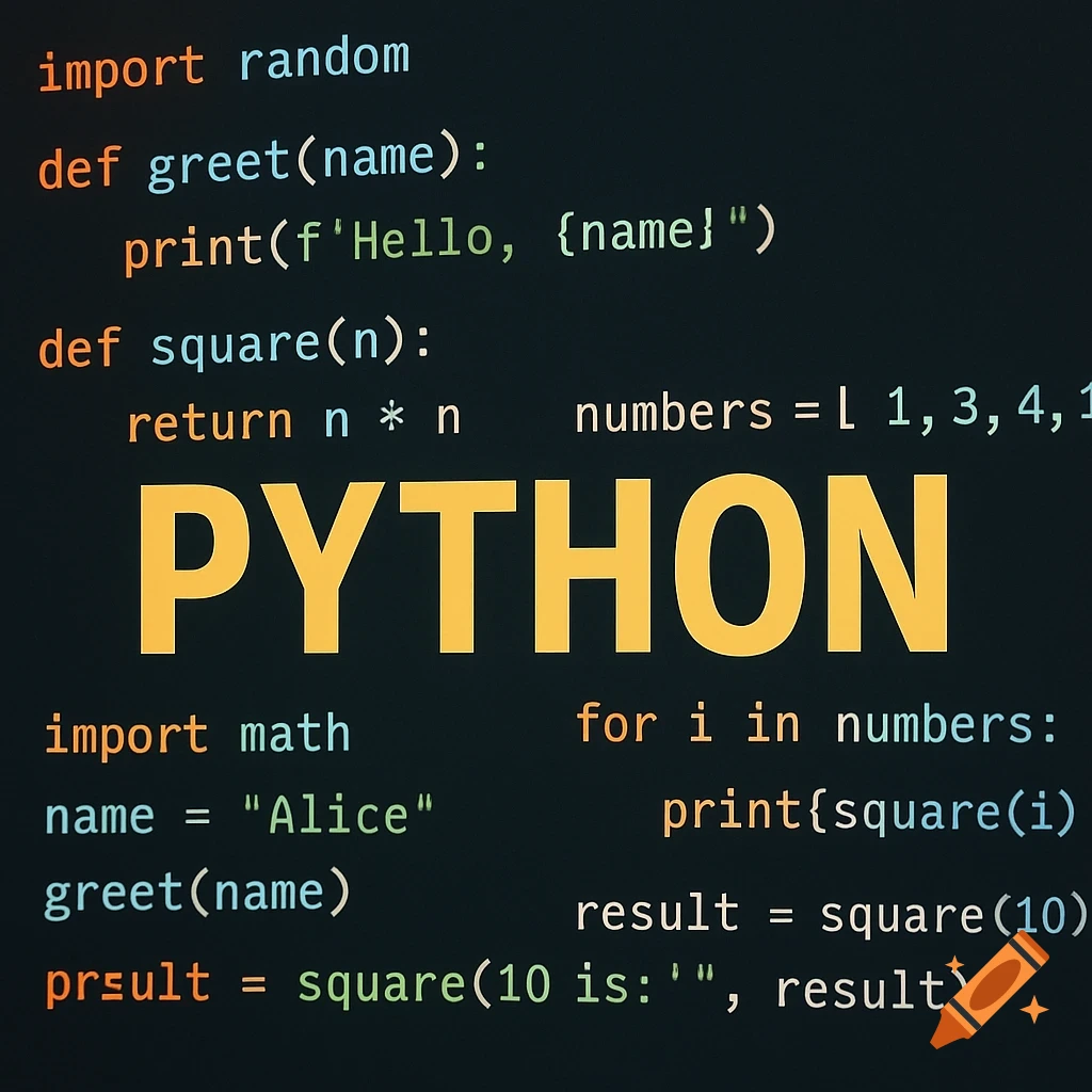 Python programming code displayed on a screen with the word PYTHON highlighted in yellow.