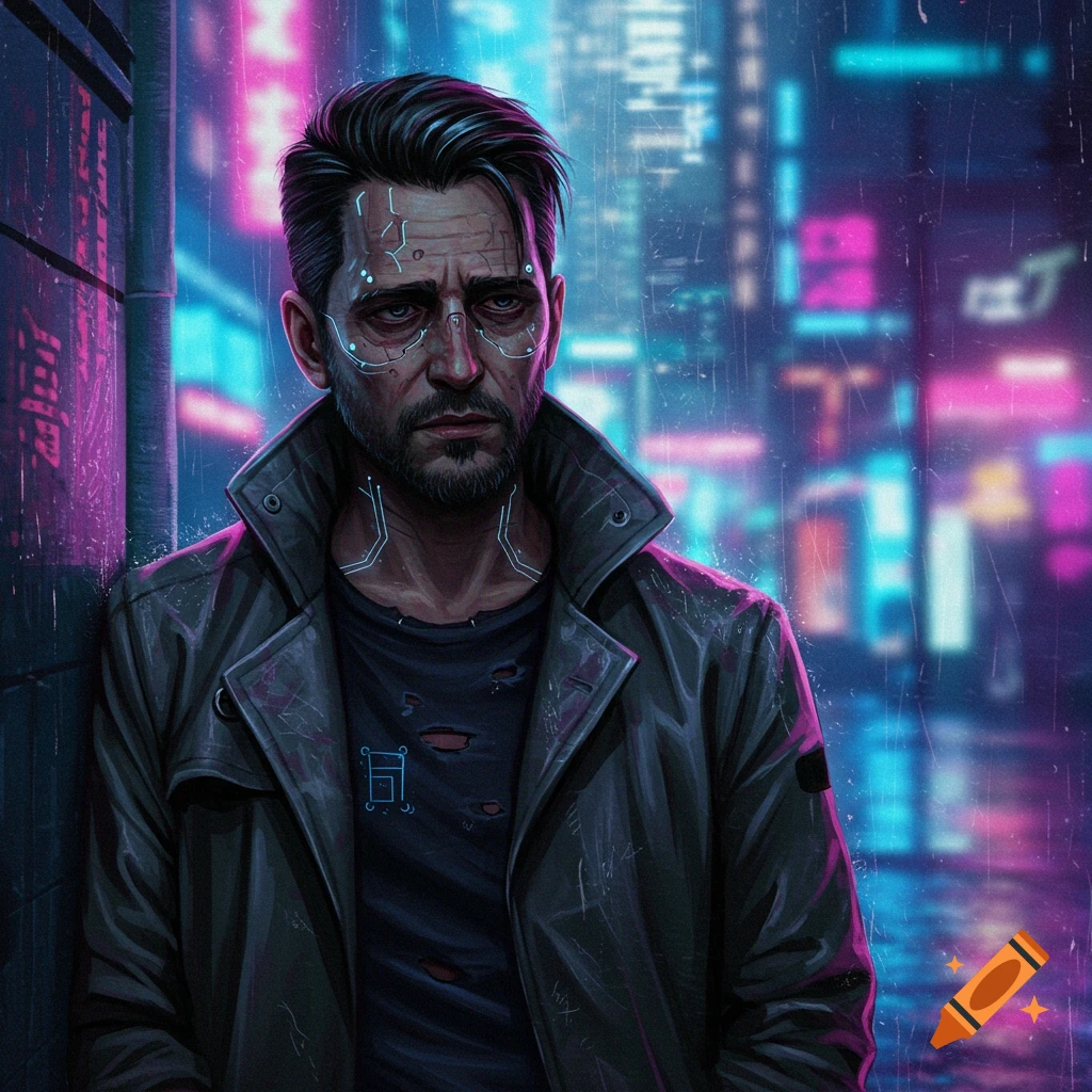 A tired man with cybernetic implants stands in a rainy cyberpunk city street.