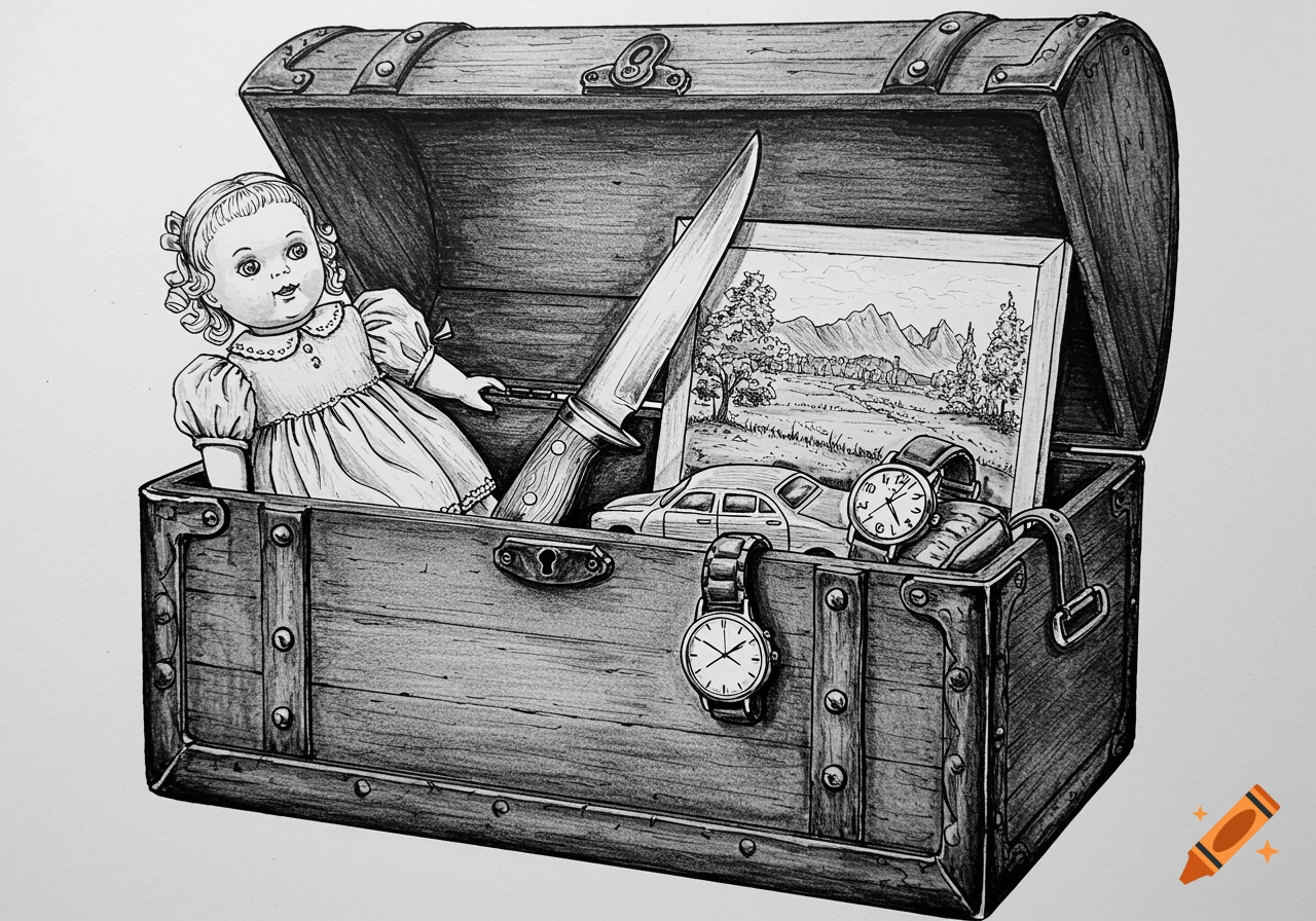 Black and white drawing of an open chest filled with a doll, knife, toy car, watches, and a landscape painting.