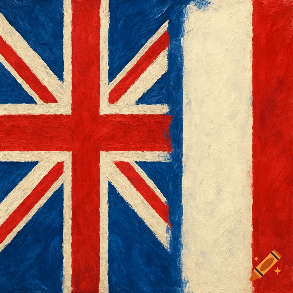 A painting showing the Union Jack flag next to the French Tricolore flag.