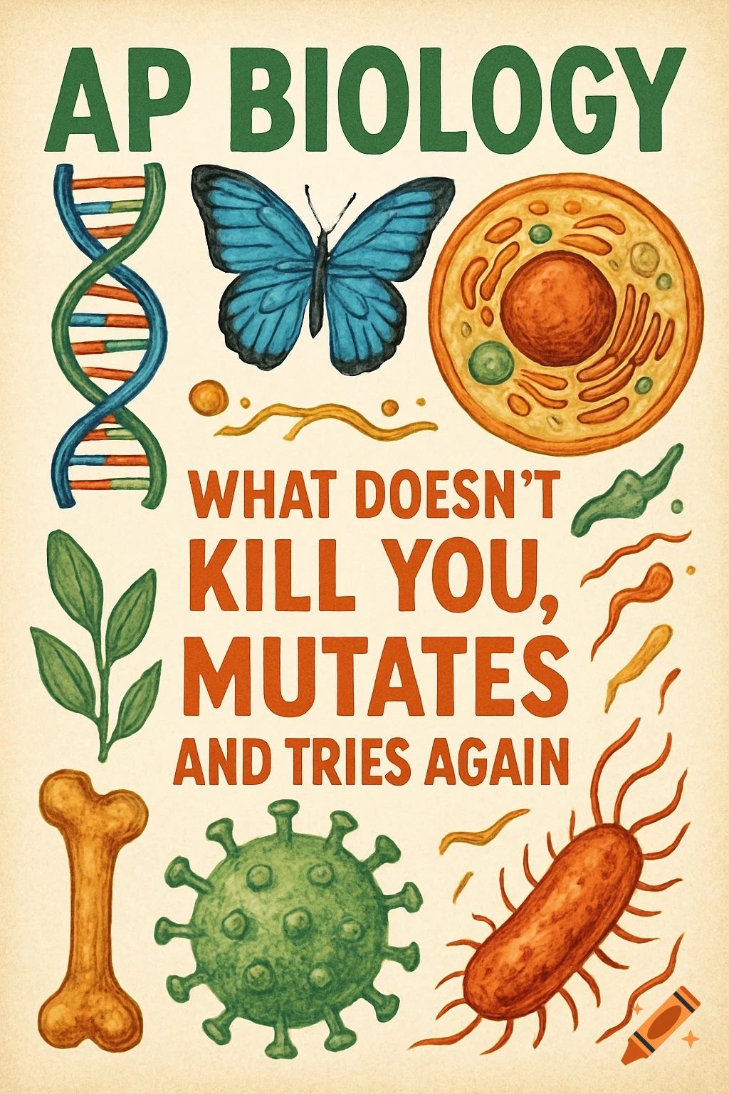 Watercolor illustration with biological icons surrounding the text AP BIOLOGY: WHAT DOESN'T KILL YOU, MUTATES AND TRIES AGAIN.