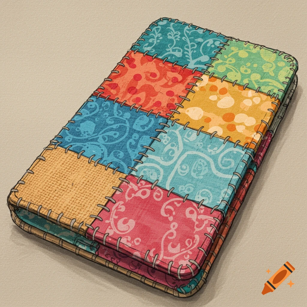 A patchwork cloth phone wallet featuring colorful fabric squares with various patterns and stitching.