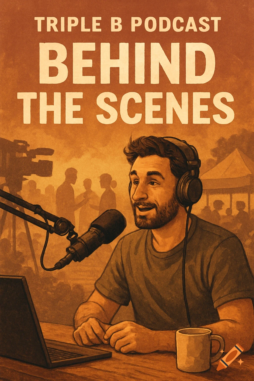 Illustration of a man recording a podcast at a desk, with text "TRIPLE B PODCAST BEHIND THE SCENES".