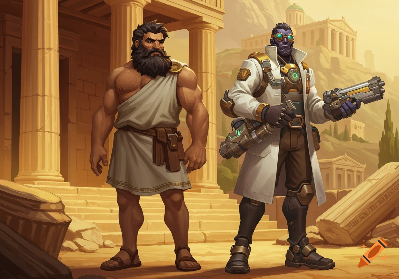 An ancient Greek man stands next to a sci-fi character with goggles and a gun, both among classical ruins.