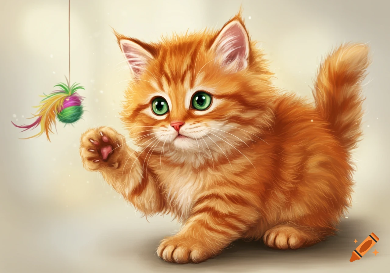 Fluffy orange kitten with big green eyes playing with a feathered toy, digital painting style.