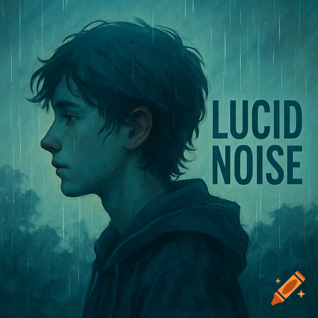 Profile of a young person in the rain with the text LUCID NOISE.