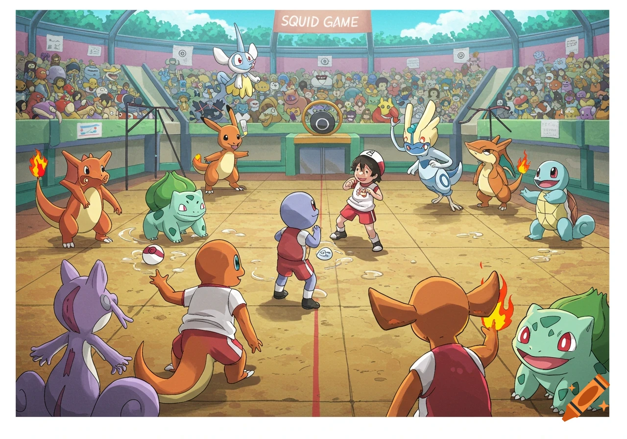 Cartoon illustration of Pokemon characters and a person playing a game in a stadium with a "SQUID GAME" sign.
