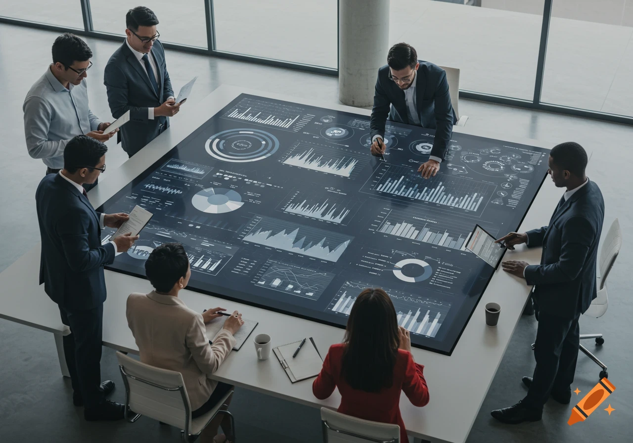 Business people in a meeting gathered around a large table displaying data visualizations and charts