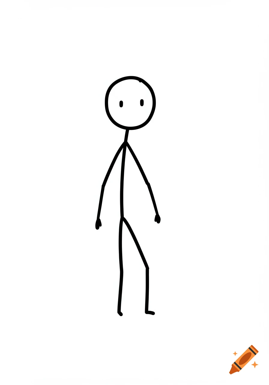 A simple black stick figure stands on a white background.
