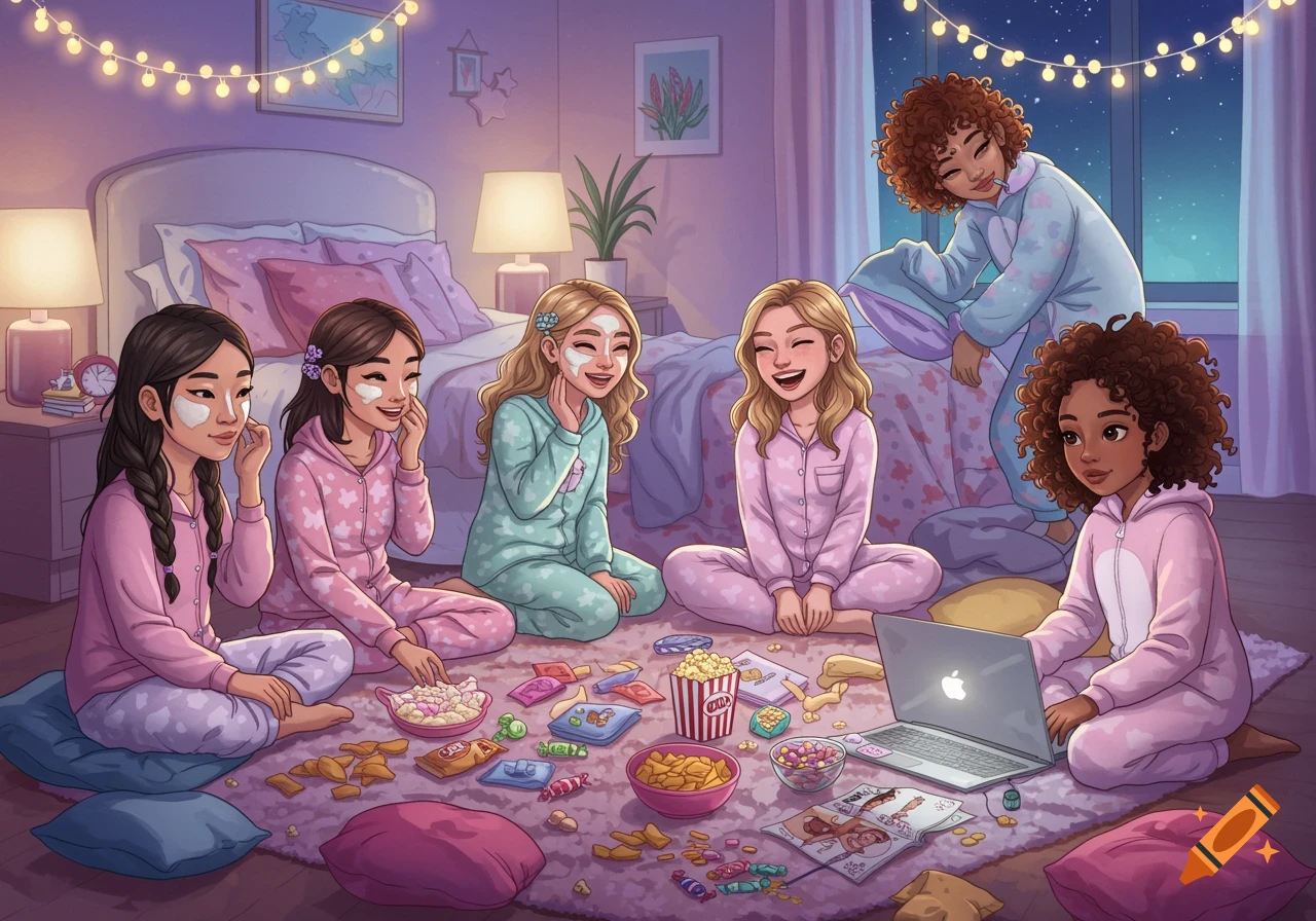 Illustration of six teenagers in pajamas having a slumber party in a bedroom, sitting on the floor with snacks and a laptop.