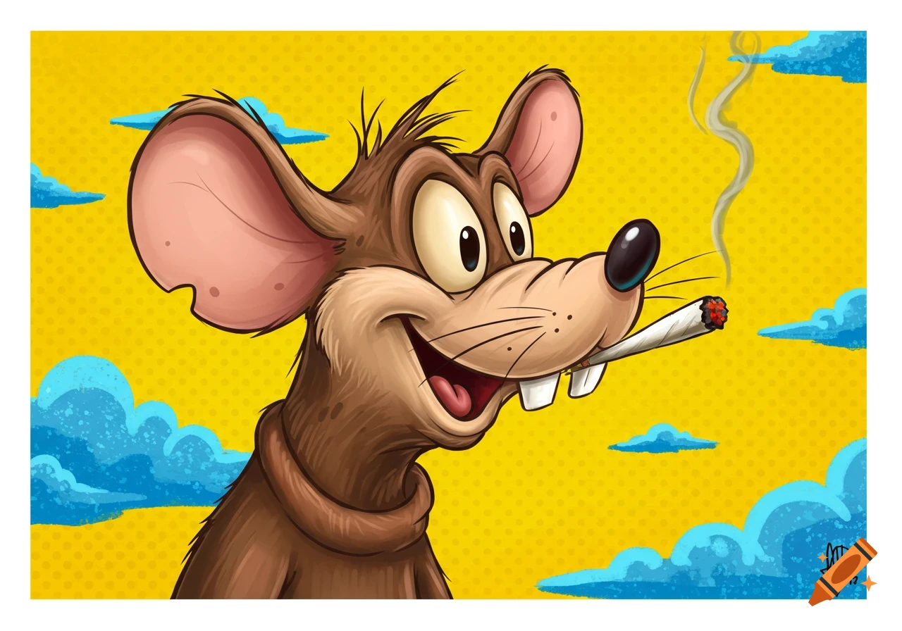 Goofy cartoon rat smoking a joint against a yellow pop art background.