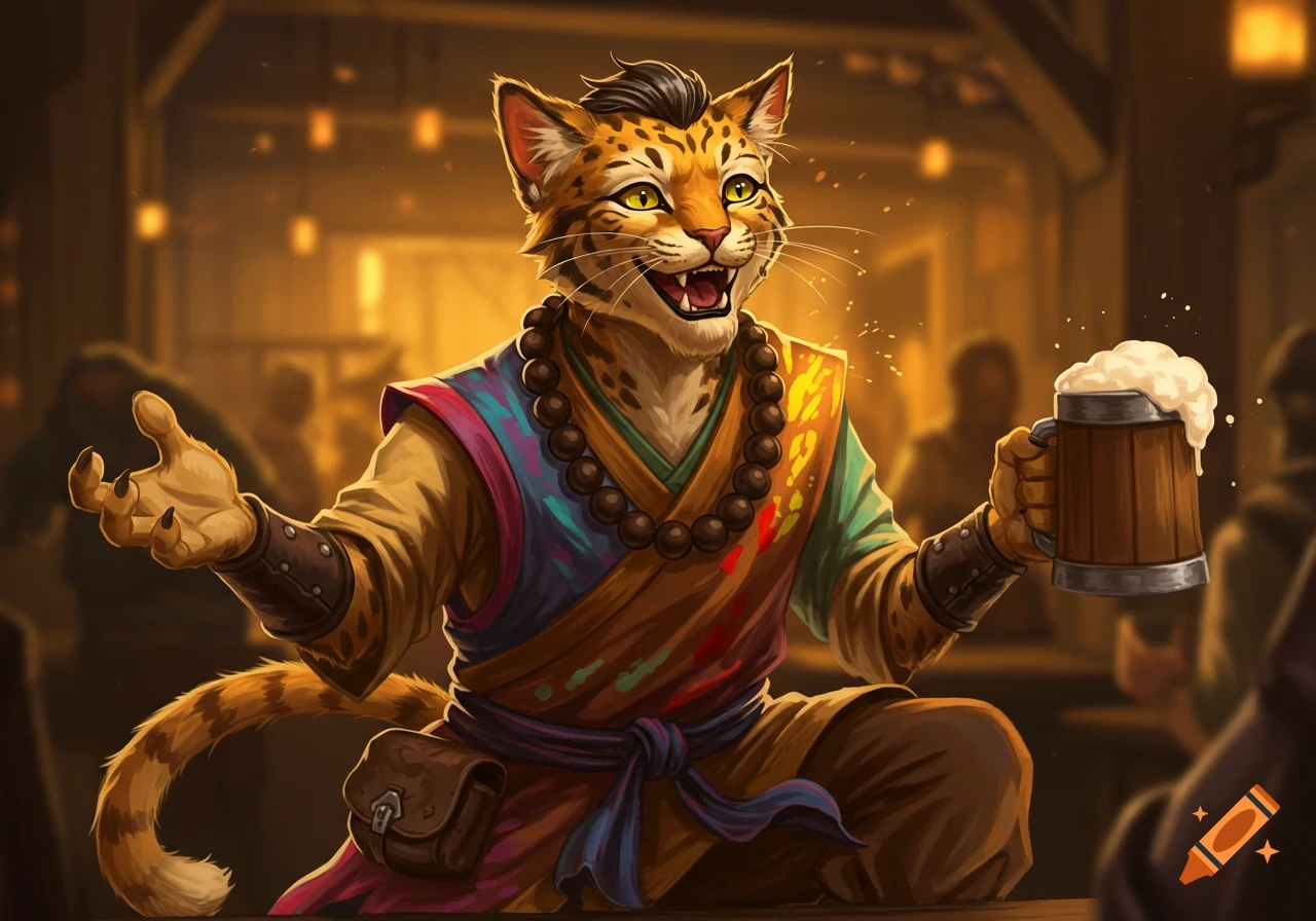 A drunk anthropomorphic cat monk holding a mug of beer in a fantasy tavern.