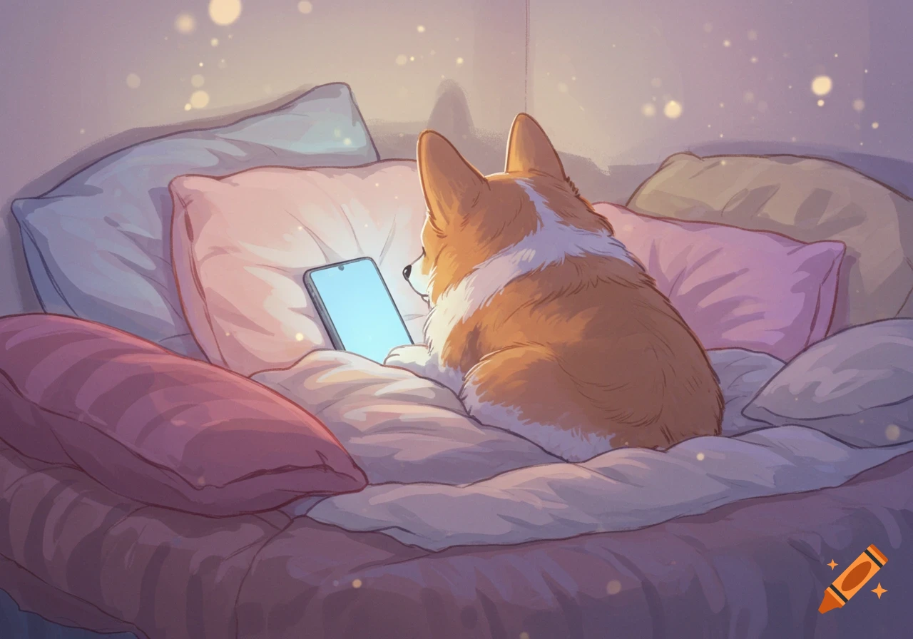 Illustration of a corgi on a cozy bed looking at a phone.