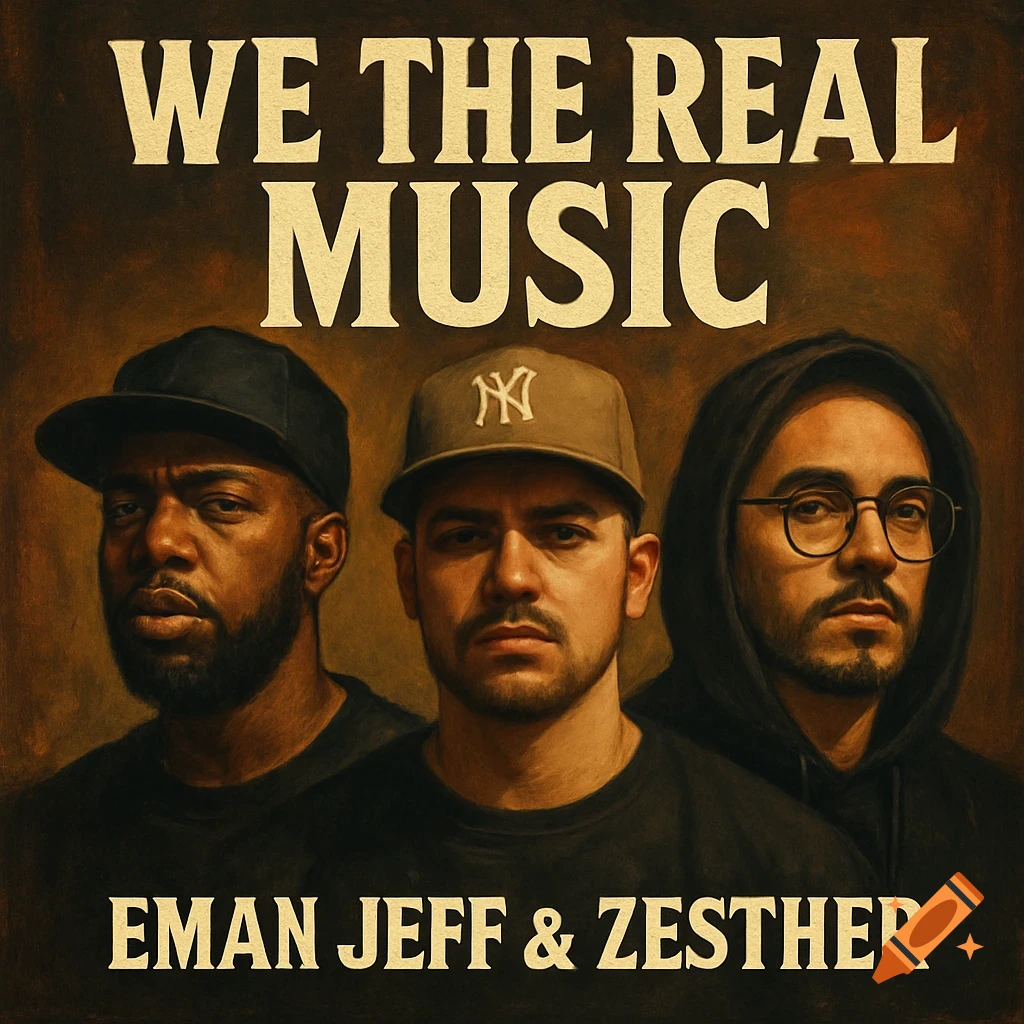 Stylized portrait of three men with the text WE THE REAL MUSIC and EMAN JEFF & ZESTHER.