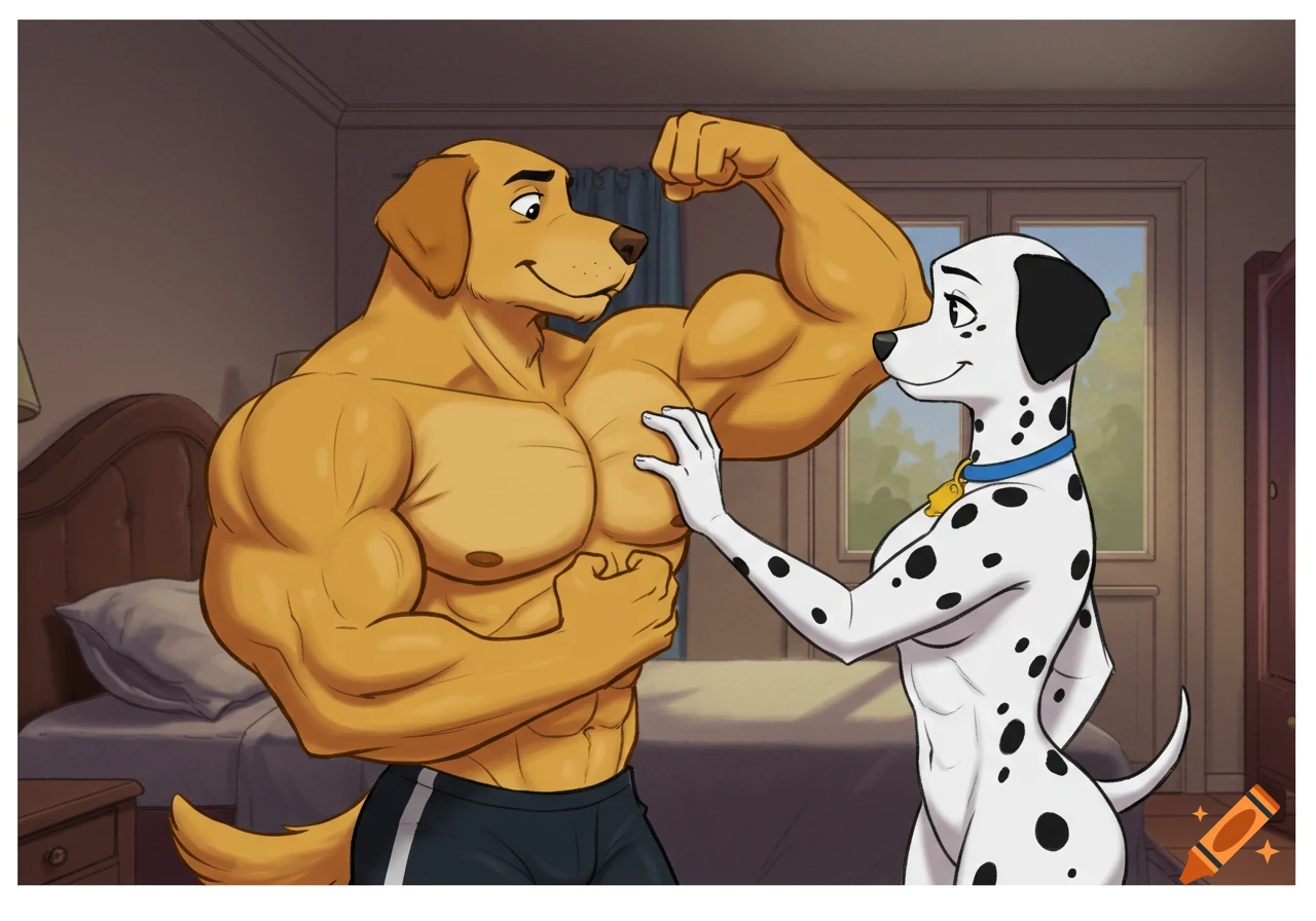 Cartoon of a muscular anthropomorphic golden retriever flexing for an anthropomorphic dalmatian in a bedroom.