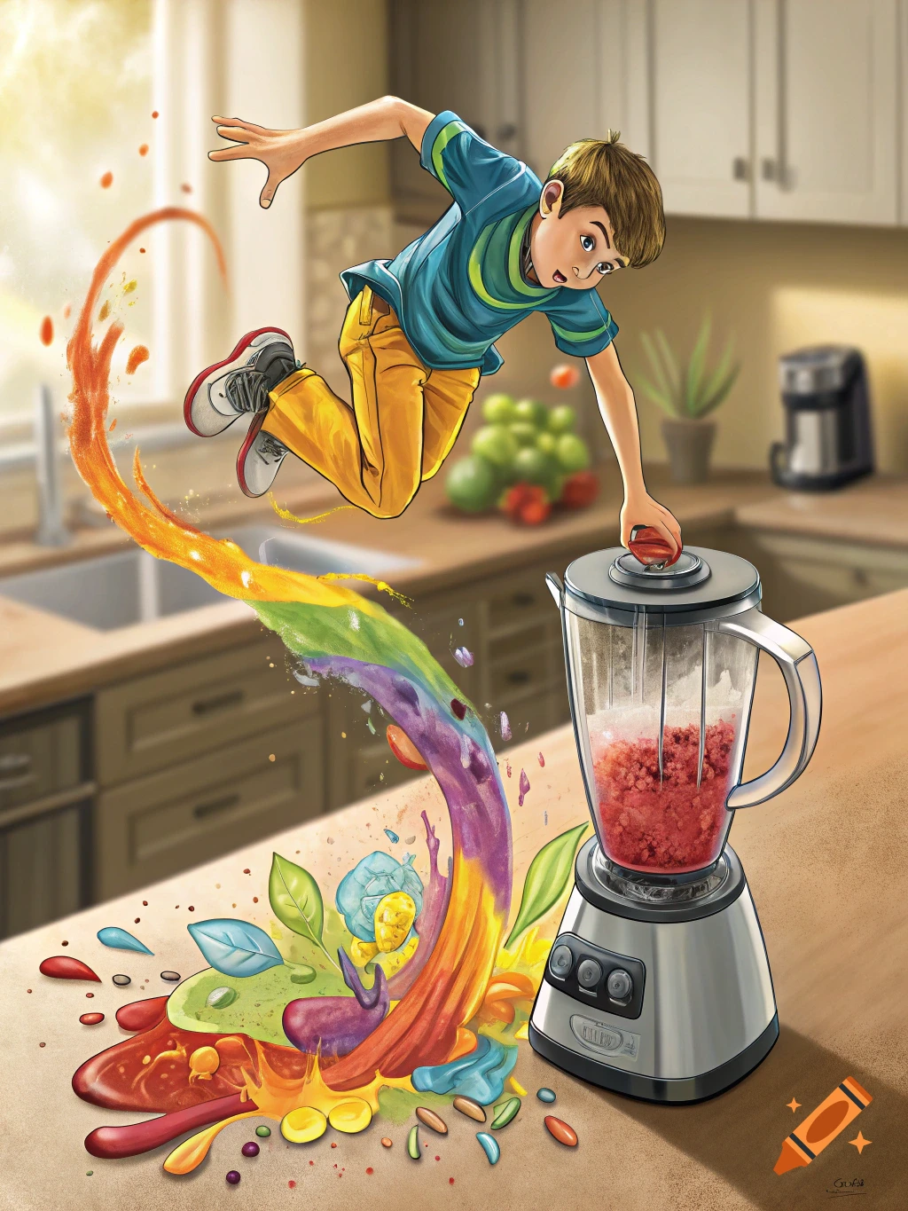 Illustration of a boy jumping towards a blender with a colorful explosion.