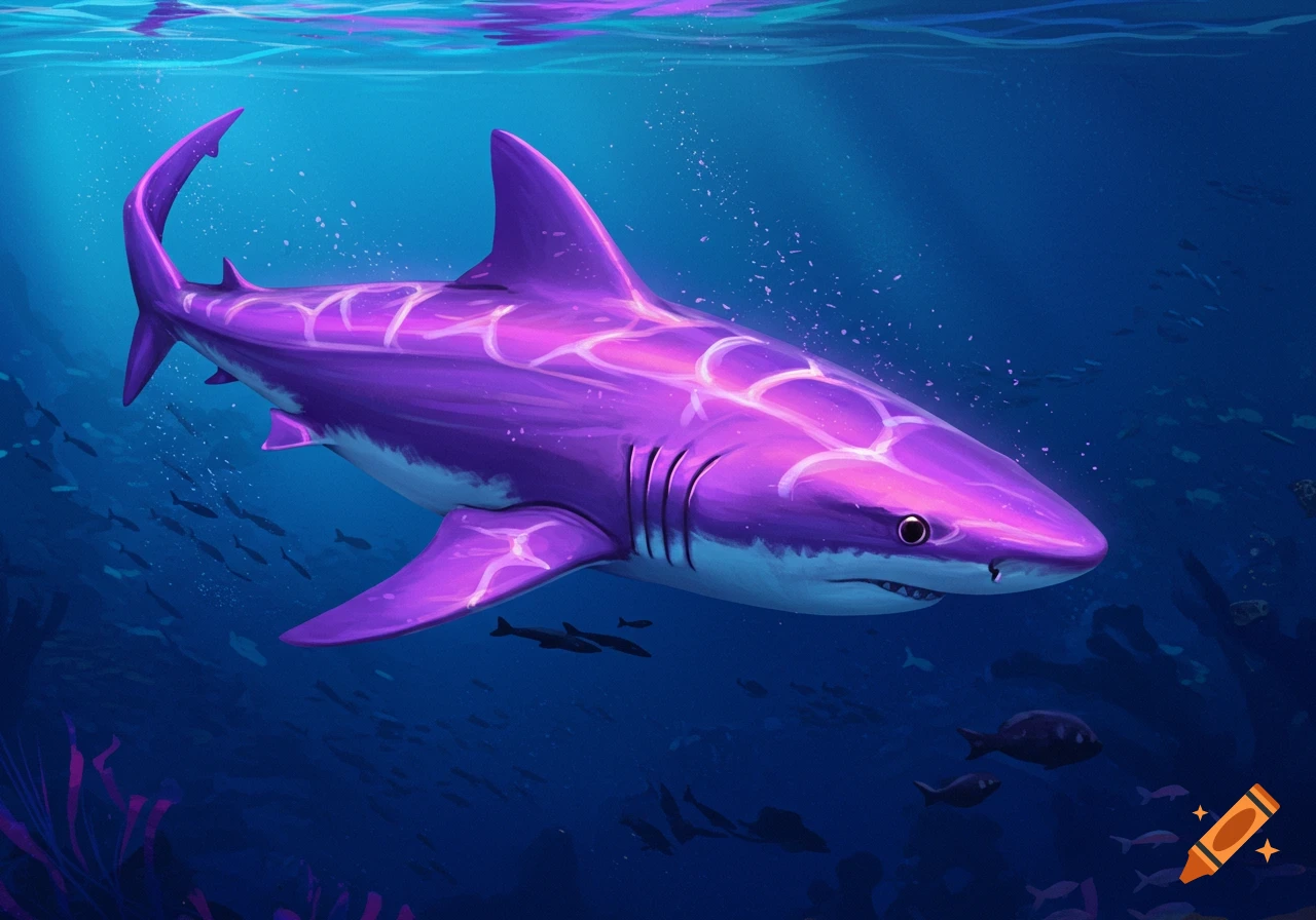 A purple shark with glowing patterns swims underwater among smaller fish.